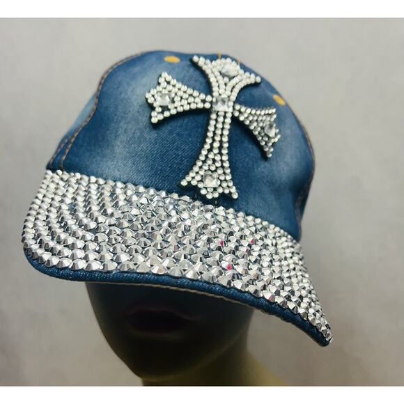 Madd Hatter Womens Cross Rhinestone Blings Hat Blue Adjustable - Picture 5 of 10